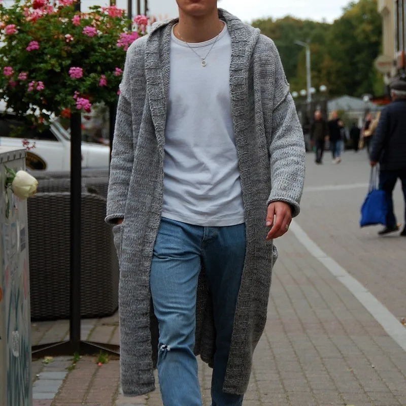 Autumn Mens Lengthen Grey Cardigan Hooded Jacket Casual Loose Premium Quality Pocket Long Sleeve Jacquarded Knitted Sweatercoat 251028BJ