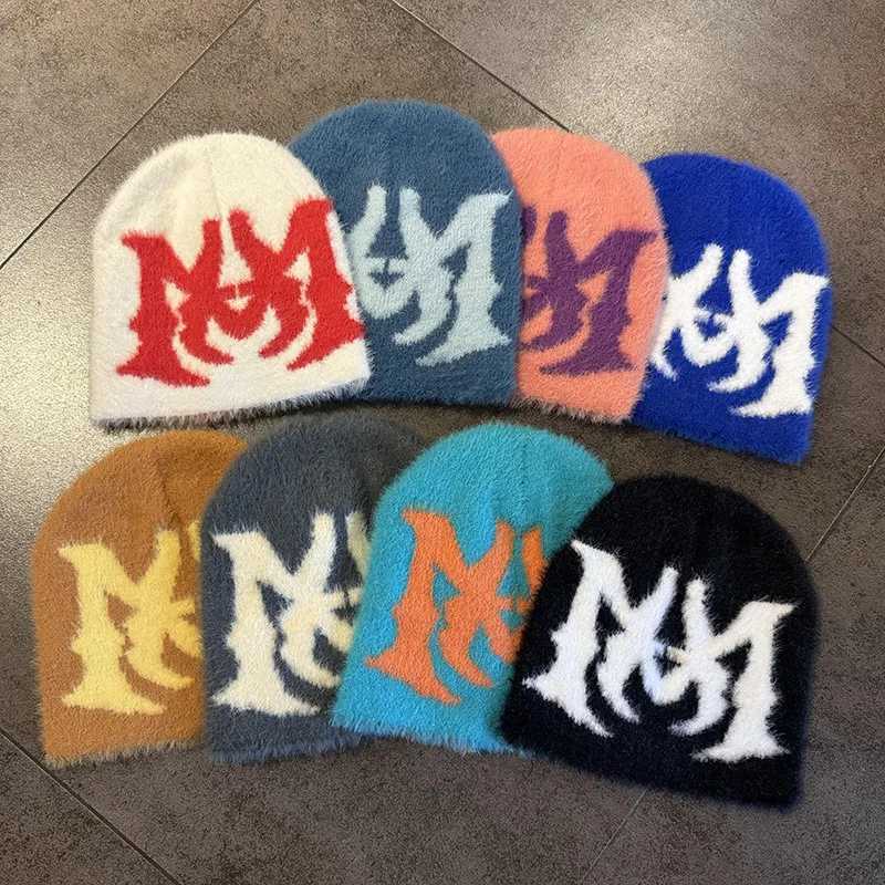 Y2K Jacquard Beanies Letter Beanies Man Fluffy Plush Caps for Men Women Auutmn Winter Edgy Knit Hip Hop Keep Warm Ear Caps MaleXJ251030