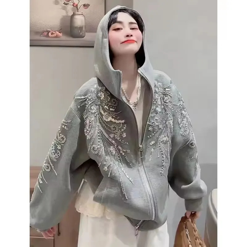 Fashion Flowers Embroidery Sequins Hooded Sweatshirt Jacket Floral Beading Zipper Cardigan Long Sleeve Hoodies Coat Streetwear251029