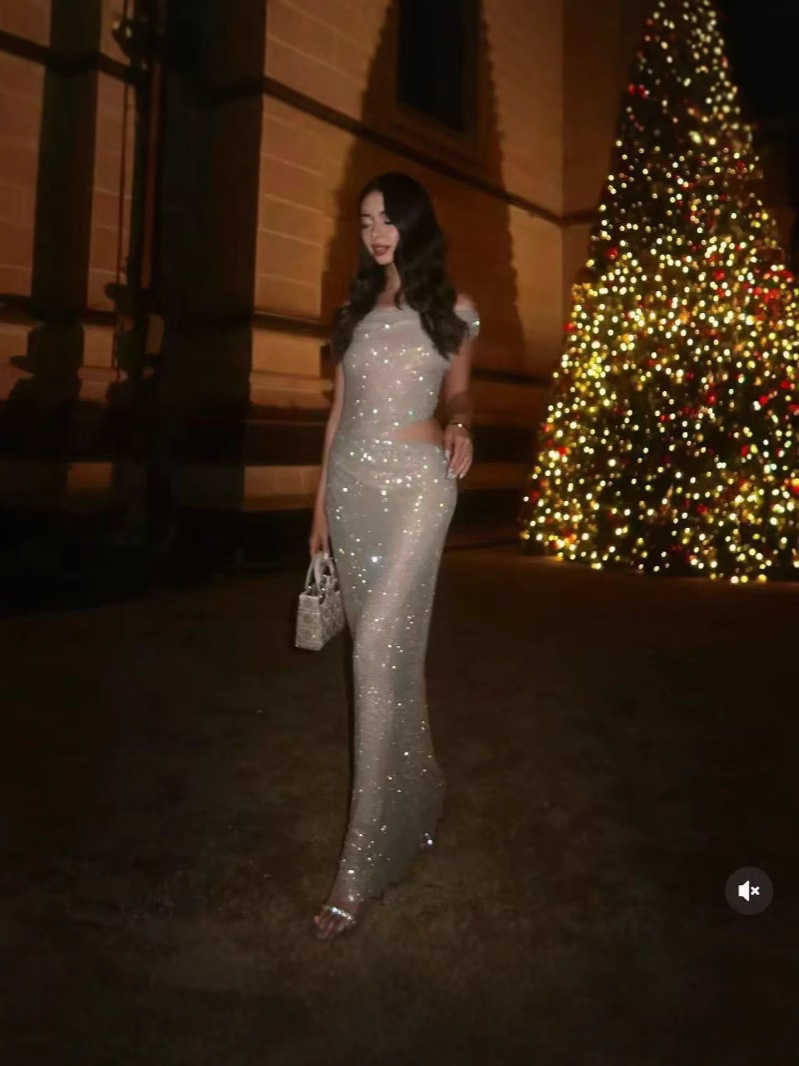 Robe longue de luxe française, épaules dénudées, perles scintillantes, dos ouvert, haut de gamme, style sirène scintillante, robe de soirée luxue