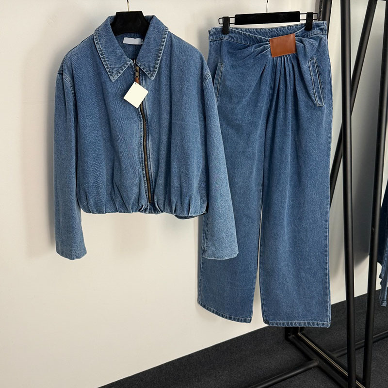 Ensemble de veste en jean Vintage pour femmes, veste courte, taille haute, jambes larges, ensemble deux pièces, surdimensionné, étiquette en cuir