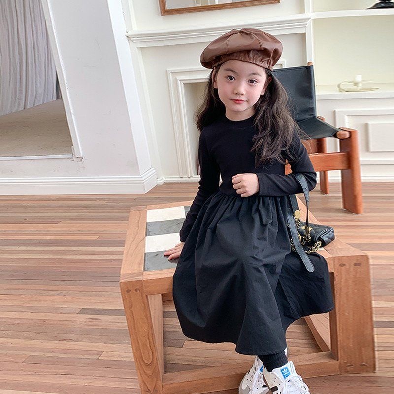 D562 New Korean style girls&#039; solid color slim princess dress, spring and autumn, stylish patchwork long-sleeved dress for middle and large c-image-1082445113