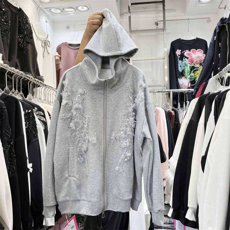 Heavy Sequin Hooded Sweatshirt Jacket Spring Autumn New Style Elegant Versatile Solid Color Top Gray Black