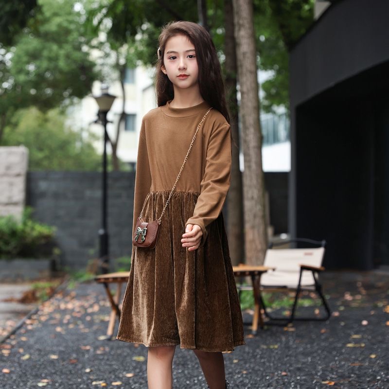 D567 Korean style girls&#039; dress, new style, round neck, mesh, loose fit, long autumn and winter dress for children of all sizes.-image-1082447036