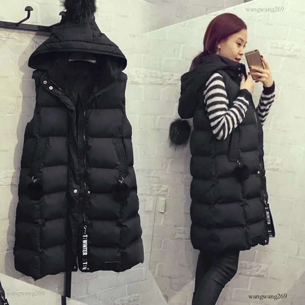 Autumn Winter Women Black Hooded Long Parkas Vest Fashion Warm Black Hooded Down Coat Parka Ladies Sleeveless Waistcoats 241008