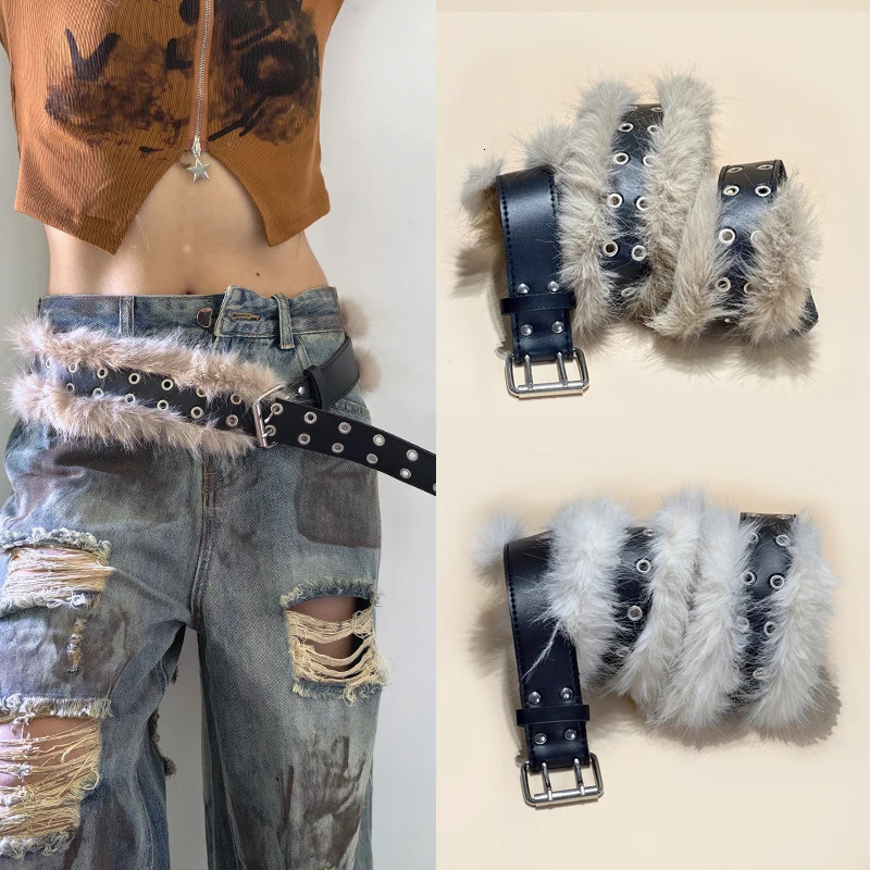 Punk PU Leather Fur Belt Y2K Metal Studded Plush Waist Chain Faux Fur Belts Furry Sexy Vintage Waistband Hiphop Jeans Belt