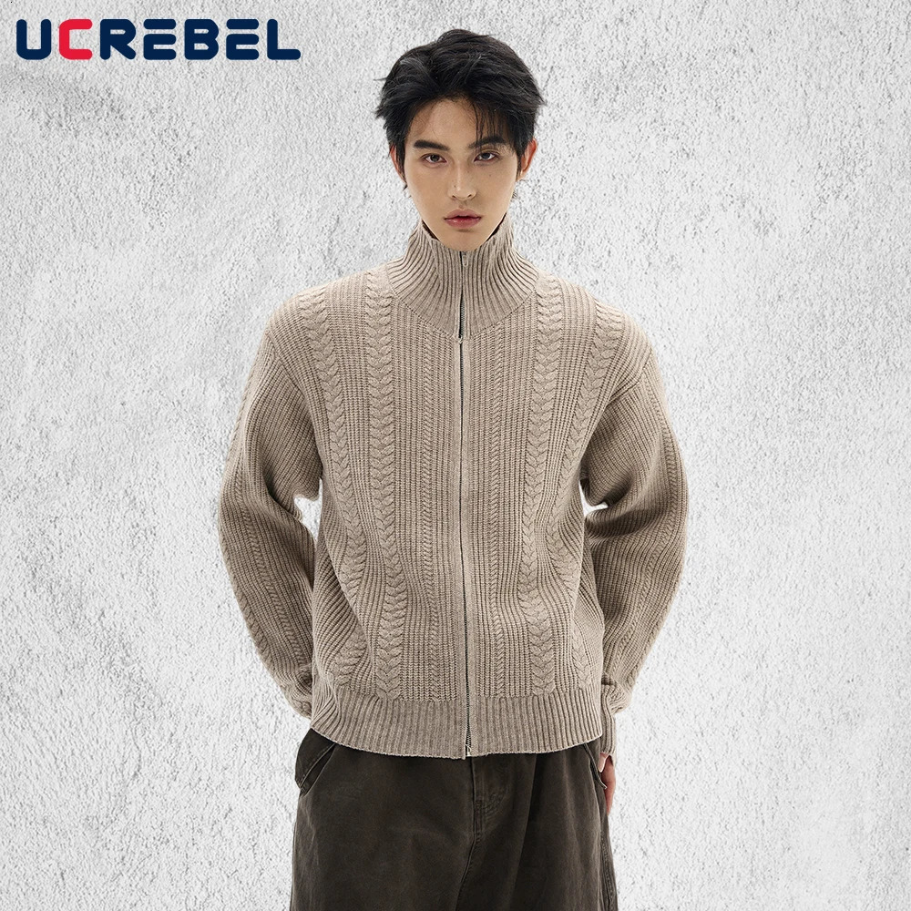 SolidColor Sweatercoat Mens Autumn Winter Retro High Street Stand Collar Long Sleeve Knitted Sweater Cardigan Man 251028BJ