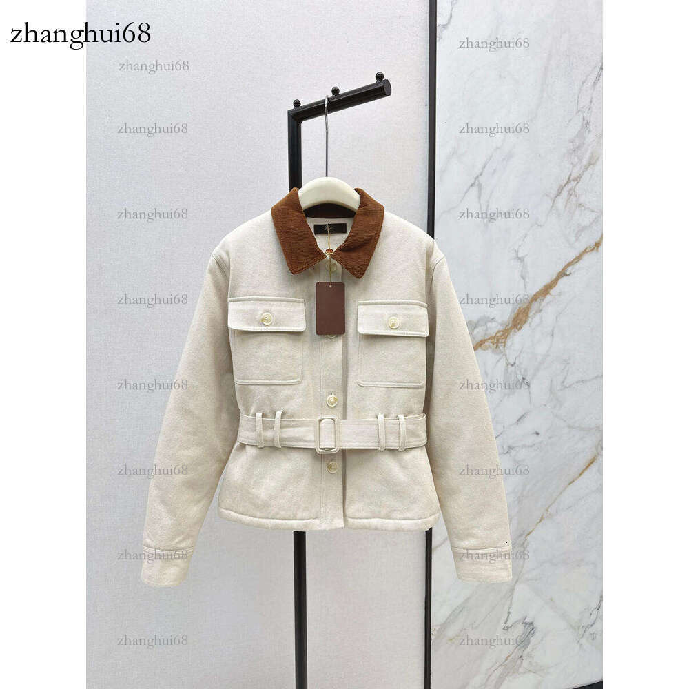 Women's Retro Corduroy Turn-Down Collar Waist-Tightening Cotton Jacket, Two Colors Available, Multi-Pocket Belt Design, Autumn Winter Short War