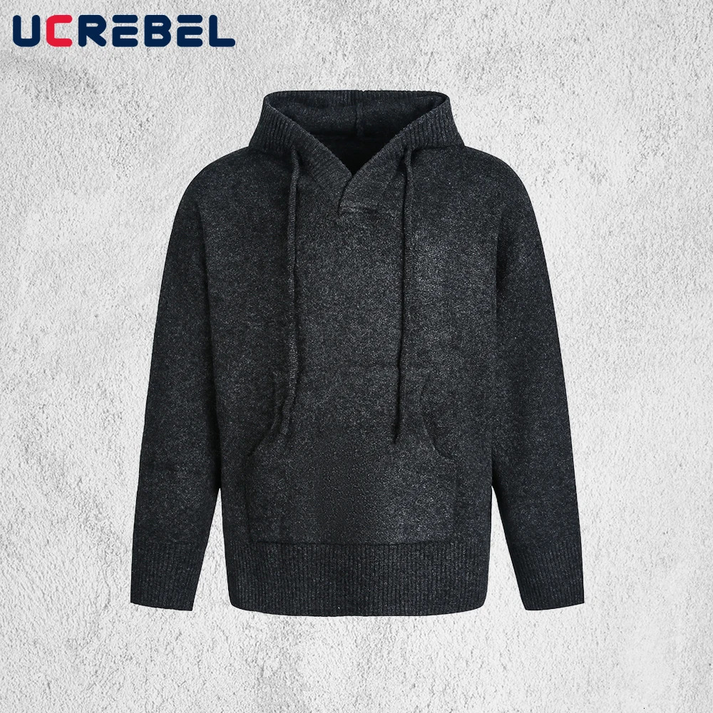 Front Pocket Hooded Sweater Mens Autumn Winter Retro High Street Loose Drop Shoulder Long Sleeve Knitted Pullover Man 251028BJ