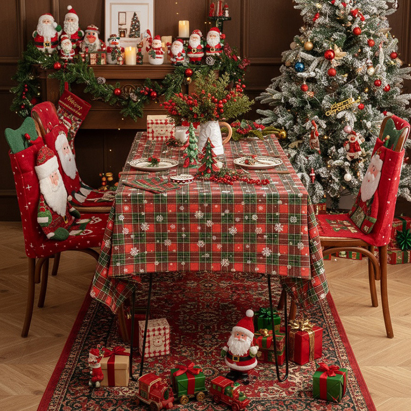 Christmas Tablecloth Vintage Plaid Pattern Multi Use Decor for Dining Table Coffee Table Backdrop A2V201-image-1103581157