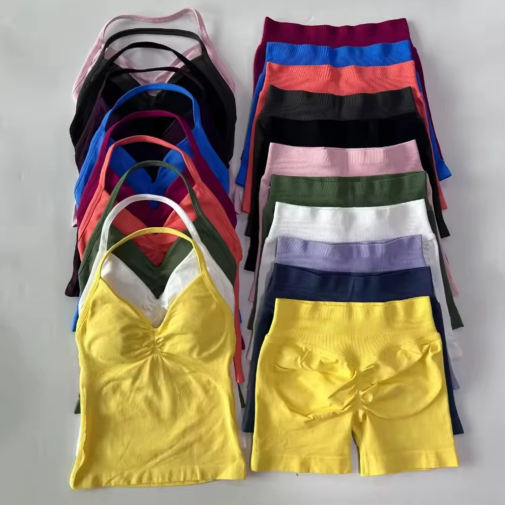 Yoga Shorts Set 2pcs Impact Sports Set Seamless Yoga outfits Workout Sets shorts womens matching Halter Bra Set Summer Fitness Clothes Gym Suits