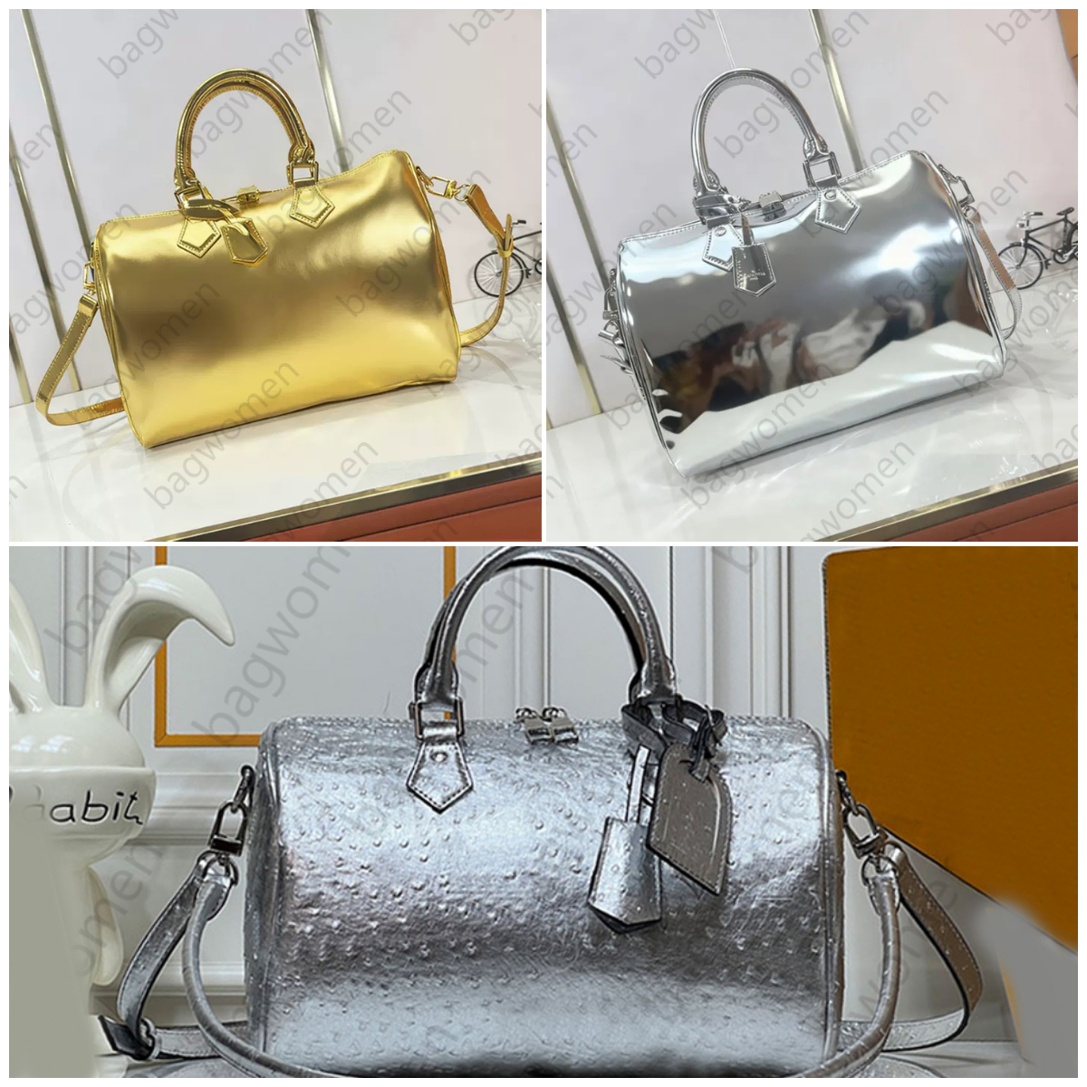 Golden Silver Travel Bag Pillow Tote Bag Luxury Bag Shoulder Bag Designer Bags sac de luxe Cowhide Leather Handbag Patent Leather Material Bolso De