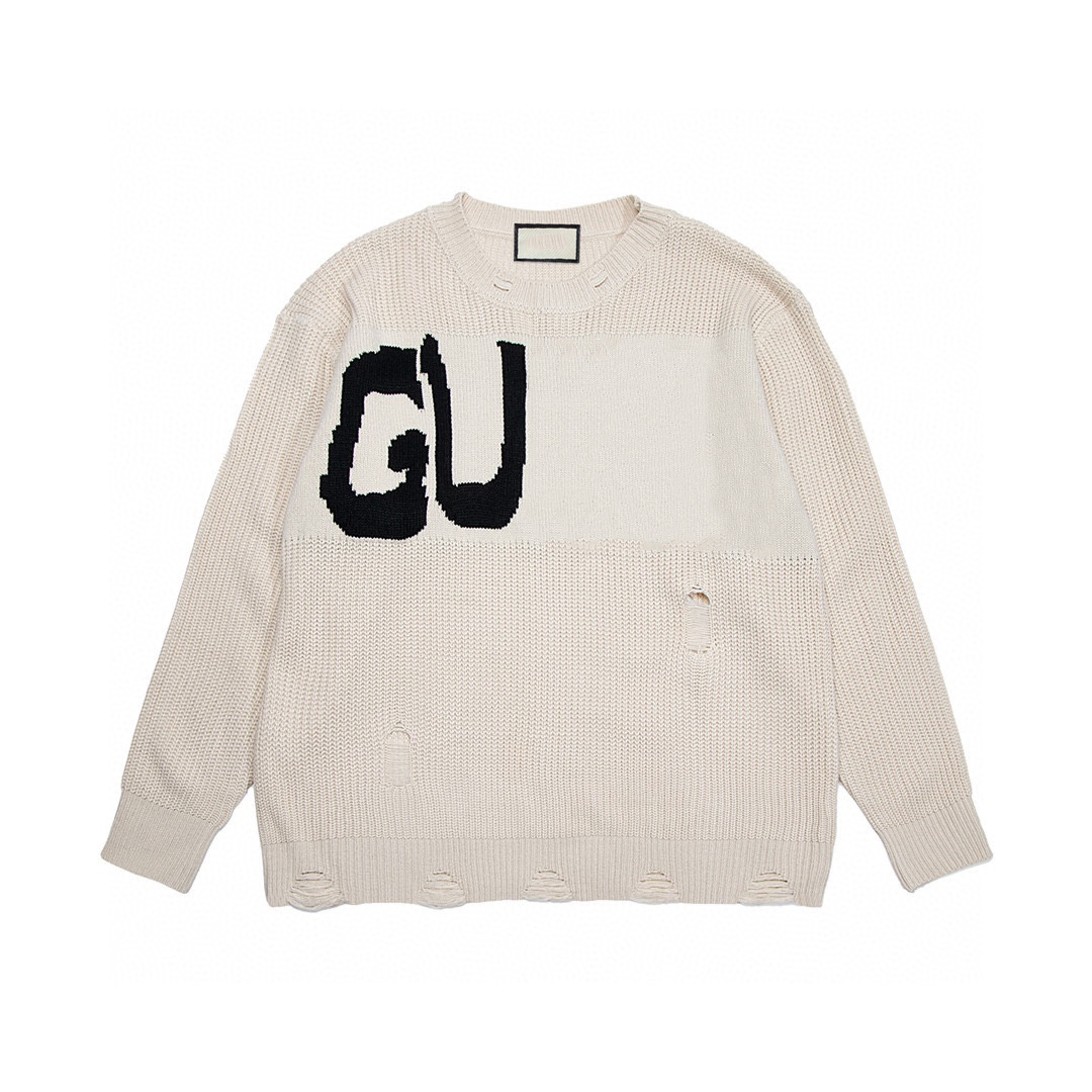 Men's Fashion Round Neck Designer Distressed Sweaters Ripped Knitted Tops Shirts for men 33468