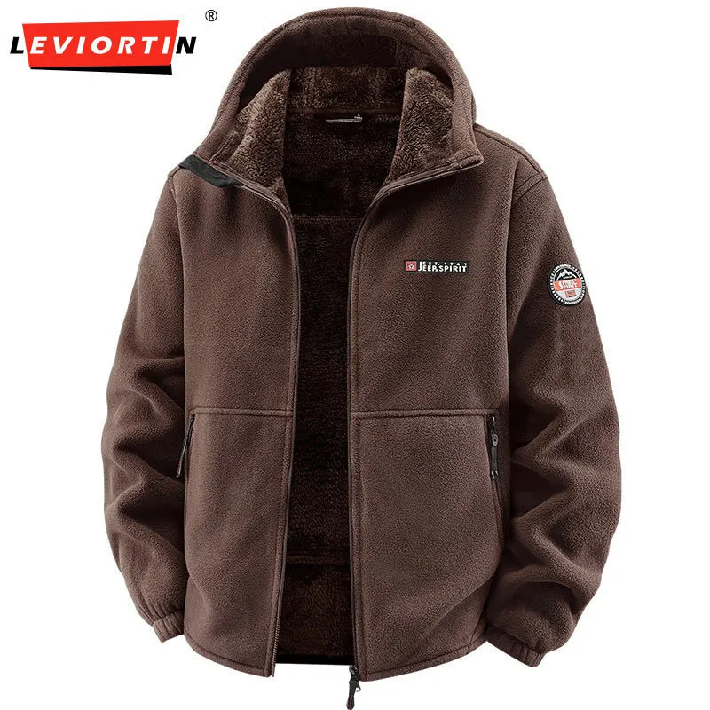 Mens Outdoor Sport Hooded Sweatshirt Jacket Warm Fleece Liner Windproof Softshell Inner Polar Fleece Coat with Zipper Pockets251027