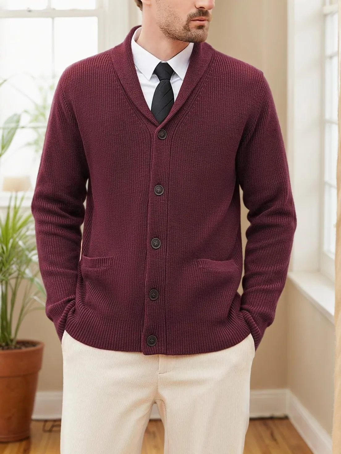 Mens Shawl Collar Cardigan Sweater ButtonUp Down Knit Sweater with Pockets for Warmth in Fall and Winter Seasons 251028BJ