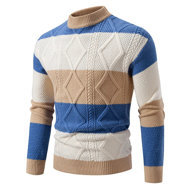 Fashion Patchwork Knitted Sweater Men Autumn Winter Mock Neck Long Sleeve Knit Pullovers Mens Youthful Vitality Casual Sweater 251028BJ