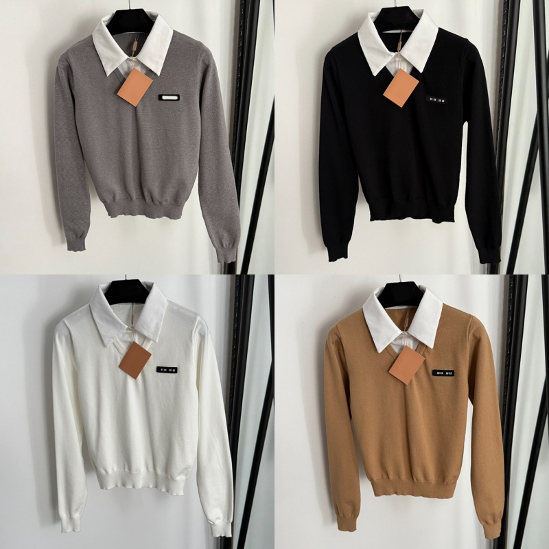 Luxury Fake Two Piece Knits Women Sweater Designer Shirt Lapel Neck Long Sleeve Jumpers Spring Autumn Slim Fit Preppy Style Jumper Tops-image-767030371
