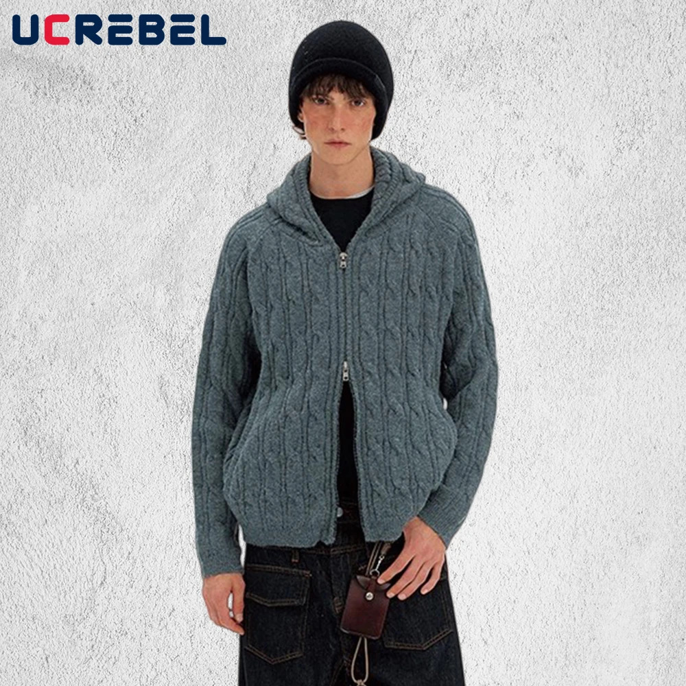 SolidColor Knitted Hooded Cardigan Mens Retro Streetwear Loose Raglan Sleeve Sweatercoat Man Sweater 251028BJ