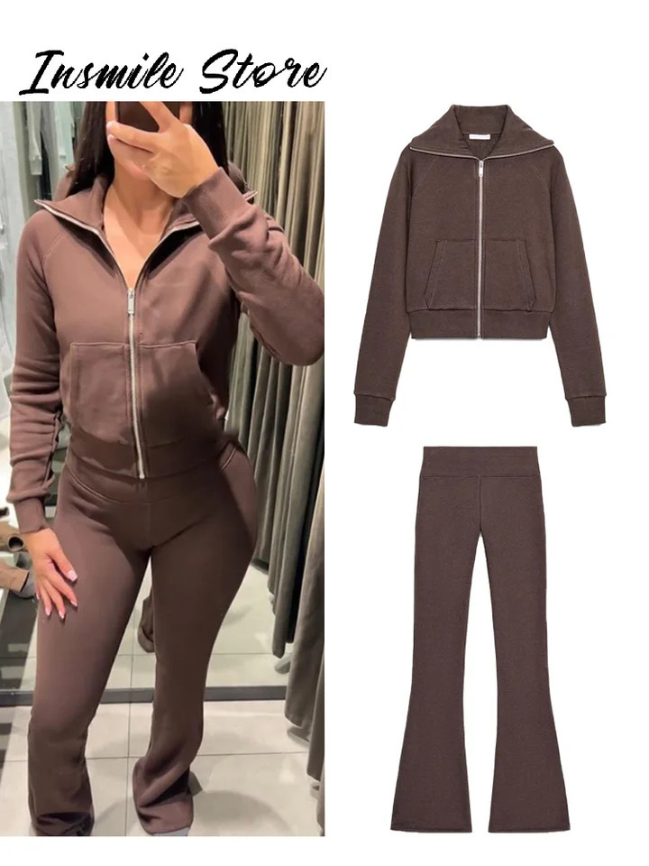 Mode solide en peluche veste à glissière pantalon ensemble femmes revers poche à manches longues manteau pantalon évasé automne dame costume déco