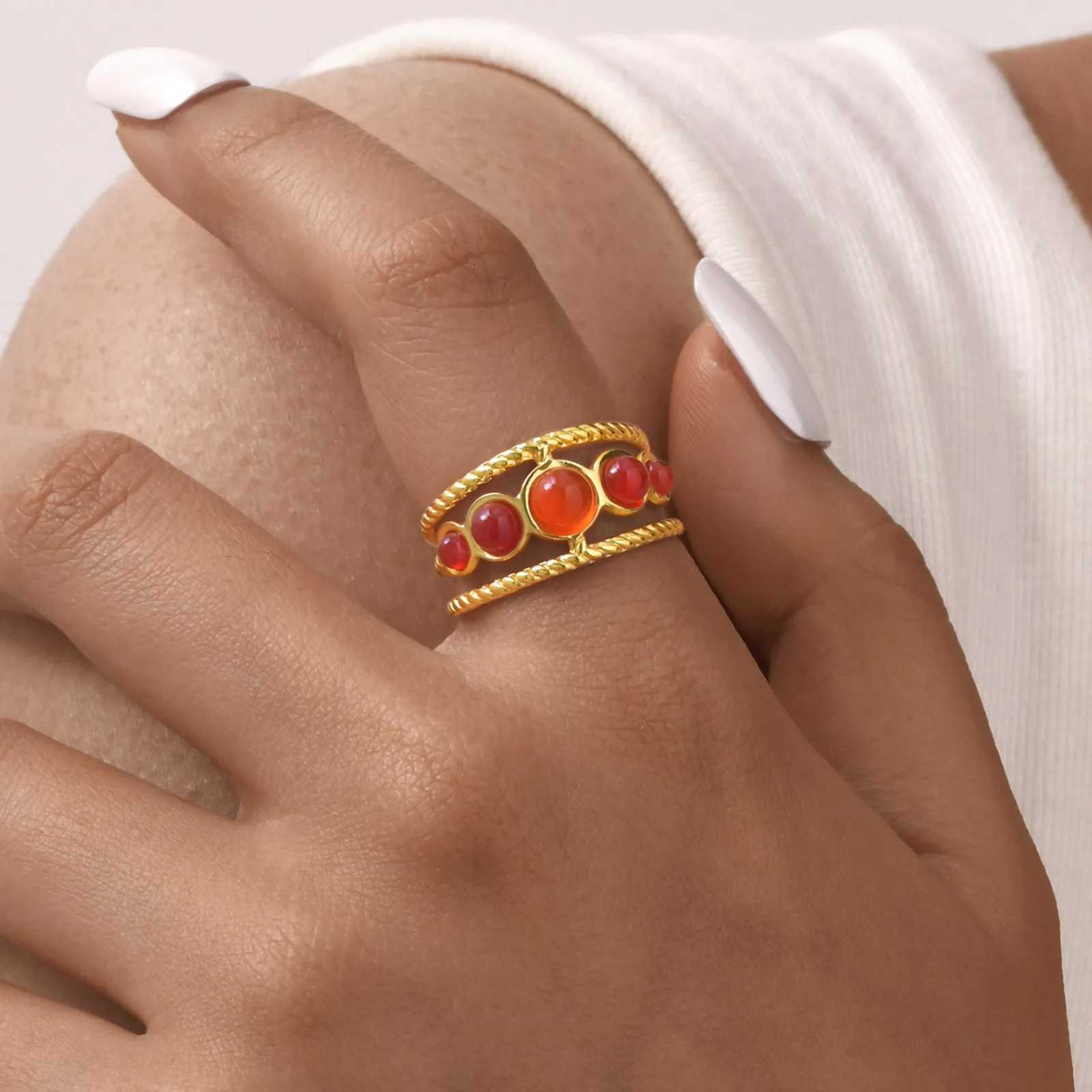 Natural Stone Carnelian Ring Openable Womens StackedAdjustable Ring Stainless Steel Waterproof Statement JewelryXJ251031-image-1082610120
