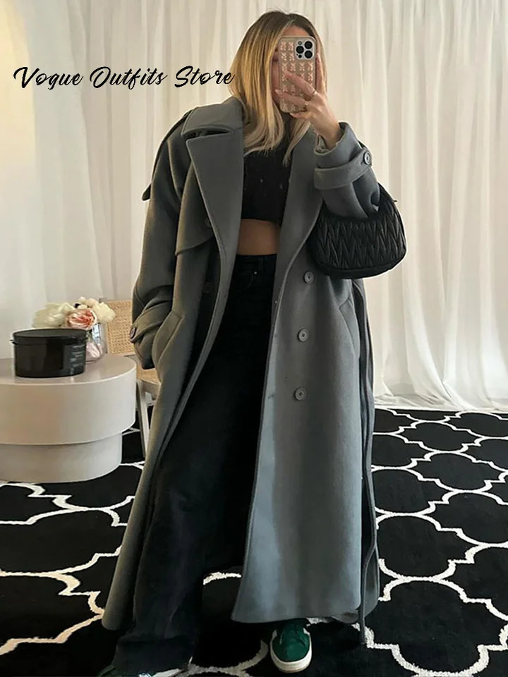 Long Chic Lace Woolen Up Coat Women Gray Double Breasted Lapel Full Sleeve Pocket Coats Autumn Winter Lady Street Outwear 251027 N260805