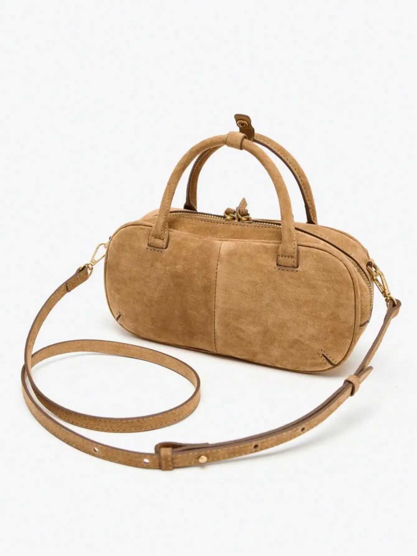 Women small double handle Microfiber leather suded Boston bag 2025 autumn winter new camel with strap crossbody Z251029