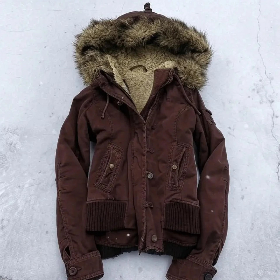 American Vintage Y2K Fur Lined Bomber Jacket Womens Brown Hooded Coat with Faux Fur Trim and Ribbed Cuffs Fashionable and Casual 251030