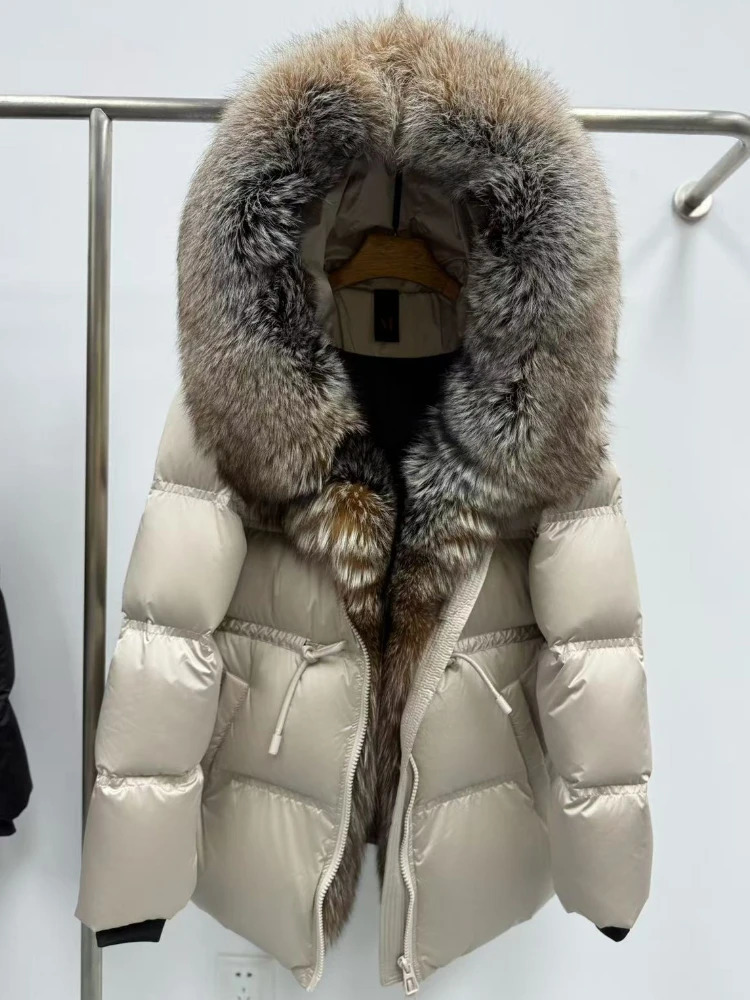 Veste de fourrure de renard femmes lâche à capuche manteau en duvet d'oie blanche femme automne hiver épais chaud naturel réel Puffer dame 251030