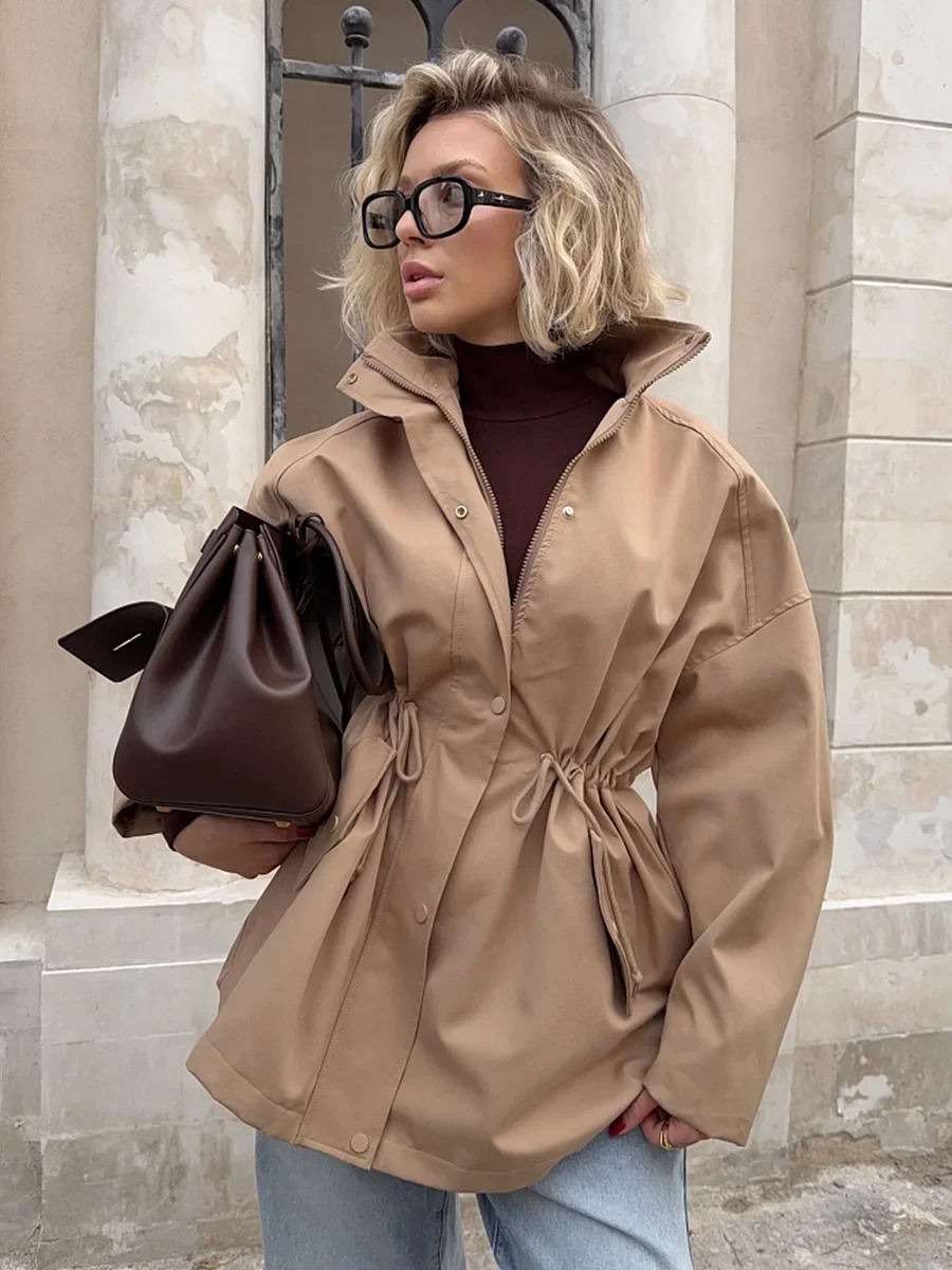 Wolfeel Womens Stand Collar Mid length Trench Coat Drawstring Waist Autumn Winter Coats Cotton Outer Jacket 251031