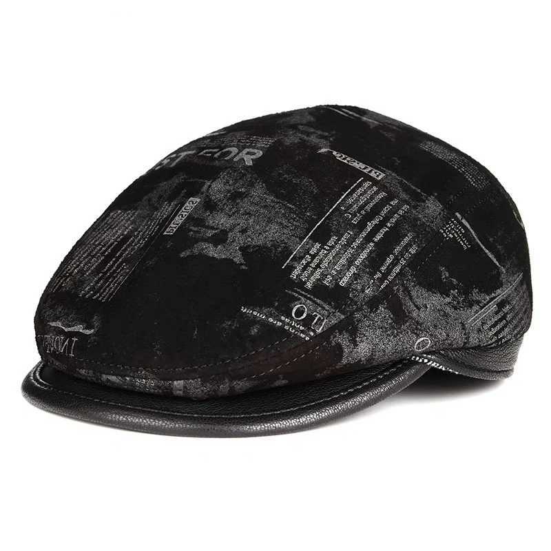 2024 New Genuine Leather Hat Cap Sheepskin Beret Print Warm Ear Winter Cotton Men Padding Brand New Hunting CapHat DuckbillT251031 Z260917