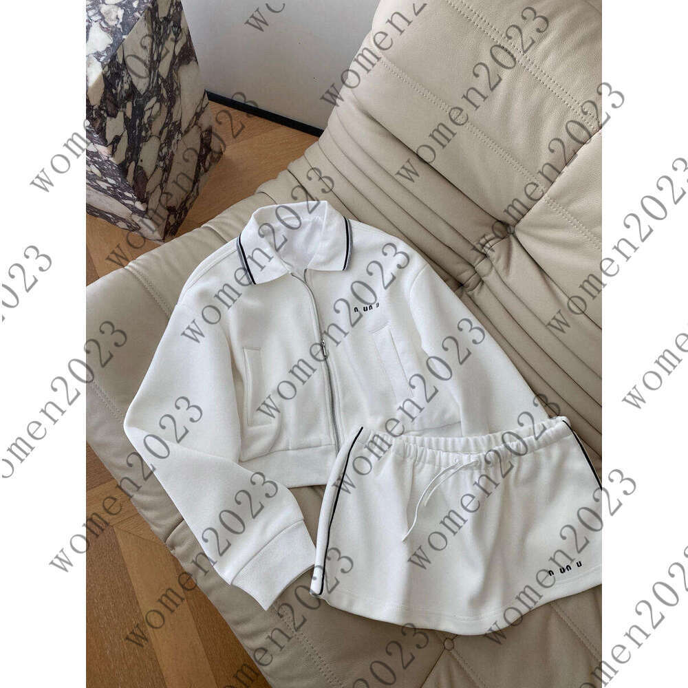 Women's College Style Lapel Zipper Set White Skirt and Top Combination Short Sweatshirt Cardigan with Drawstring Short Skirt Casual Two-Piece S