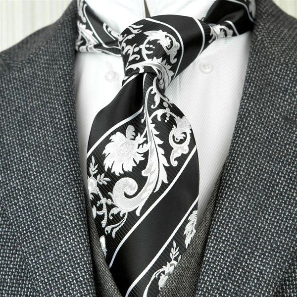 F30 À La Main Noir Blanc Rayures Floral Hommes Cravates Cravates 100% Soie Jacquard Tissé Affaires Formelle Costume De Mode Cadeau Pour Hommes242g