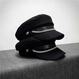 F9pb Berets UTUNM Winter Chain Black Military Berets for Women Femme Flart Cap Salior Hat Girl Travel Berets Ladies Painters Cap D24418