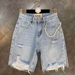 FABPOP été perles chaîne lavé déchiré bleu clair genou longueur jean demi Denim pantalon femmes Streetwear GB294 210709