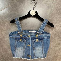 FABPOP été Design sans manches boutons poches Vintage bleu Denim débardeurs femmes haut court Streetwear GB545 210709