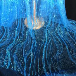 Tela 1 yarda cielo azul hierro bronceado brillo tela de lentejuelas patrón de onda tela de encaje vestido de novia Material de diseñador brillante fiesta Tissu