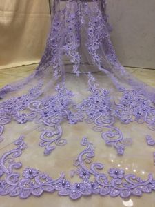 Tissu 10 couleurs (5 mètres/pièce) tissu africain brodé en dentelle française lilas avec perles et paillettes pour robe de soirée FZX059