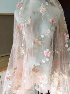 Tissu 3D en mousseline de soie, 1 mètre, blanc, orange, rose, appliques de perles, gaze, dentelle brodée, pour robe de mariée
