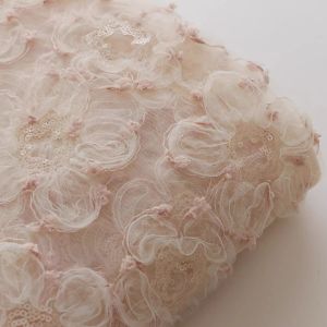 Tissu 1yard beau plateau en dentelle rose Beige, tissu en maille brodé à paillettes florales pour robe de femme, tissu personnalisé