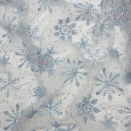 Tissu 1 mètre de haute qualité bleu flocon de neige paillettes maille tissu brodé robe avec glace et reine des neiges perle tissu brodé 135 cm