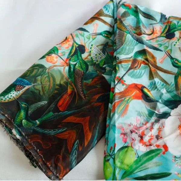 Tissu 2021 en soie pour robe et chemise, crêpe de chine, tissu imprimé couleur fleur, fragment de perroquet Jungle