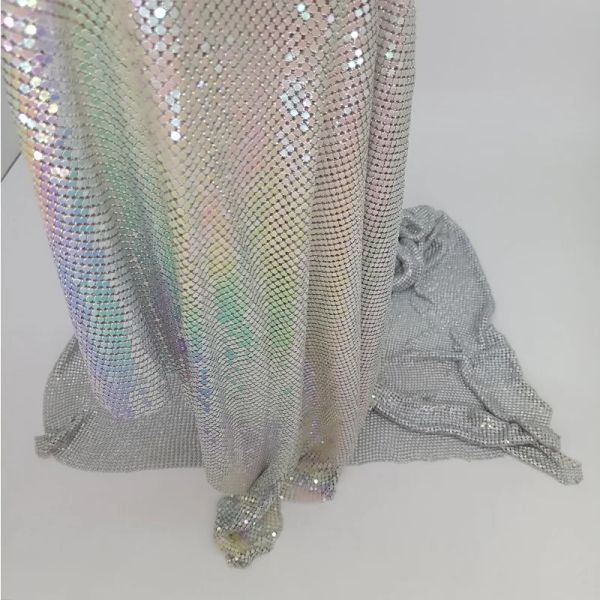 Tissu 3mm blanc irisé couleur métal maille tissu cotte de mailles fabrication de bijoux tissu métallique bricolage couture robe sac chaussures 45*150 cm