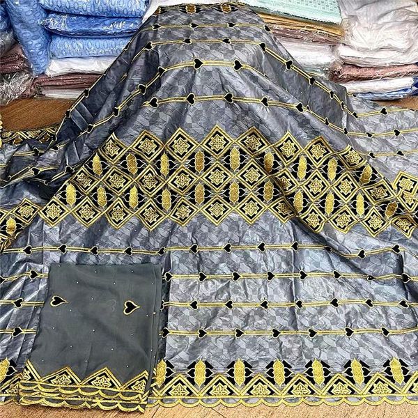 Tissu 5 + 2 yards Nouvelle arrivée tissu africain Bazin Riche Brode avec perles broderie dentelle avec écharpe robe matériel nigérian HL052401