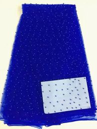 Tissu en dentelle française bleu royal, 5 Yards/pièce, meilleure vente, avec décoration de perles, tissu africain en dentelle en maille pour robe de soirée RN19