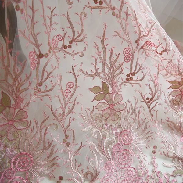 Tissu 8 couleurs de luxe avec plumes et perles, tissu brodé pour robe de mariée, garniture de ruban, bricolage, couture, bord en dentelle