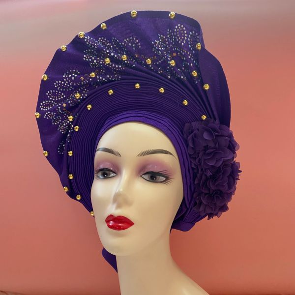 Gorro de turbante africano de tela con flor en la parte superior, turbante nigeriano Sego Gele 2022, Auto Gele de alta calidad, corbata para la cabeza ya hecha para fiesta