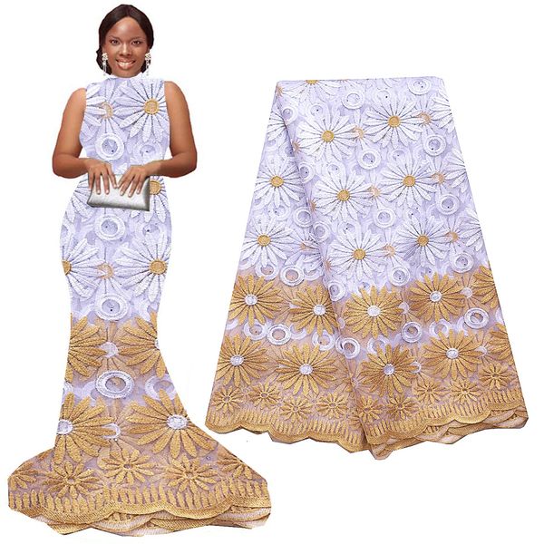 Tissu et couture dentelle africaine 5 Yards broderie nigérian cordon de haute qualité or blanc filet français pour robe de mariée 230412