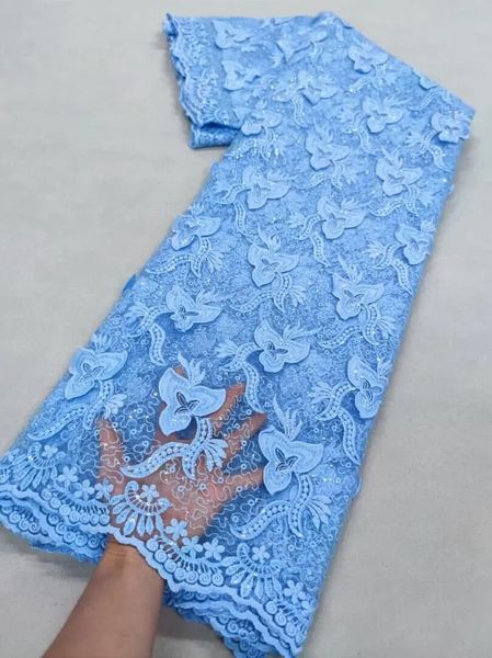 Fabric and Sewing Tela de encaje africano azul, tela de encaje suizo de alta calidad con lentejuelas, encaje de tul nigeriano, bordado francés, encaje de malla de 5 yardas 231027