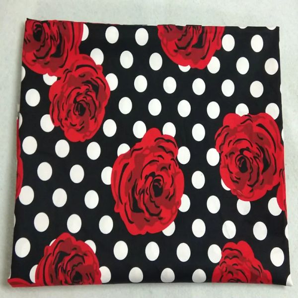 Tissu grand noir blanc à pois rouge floraison Rose fleur imprimé coton Spandex tissu Floral tissu extensible élastique