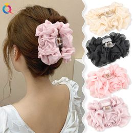 Stof grote bloemenhaar klauw lint clips vrouwen meisjes zachte chiffon bloemen paardenstaarthouder haarklemmen barrette mode haaraccessoires 1810